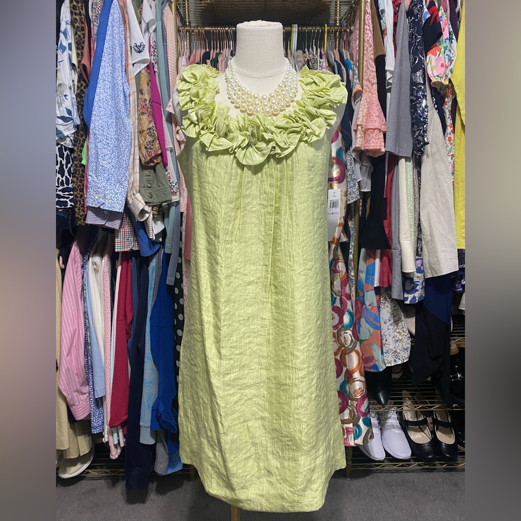 London Times Lime Green Ruffle Neck Sleeveless Shift Dress
